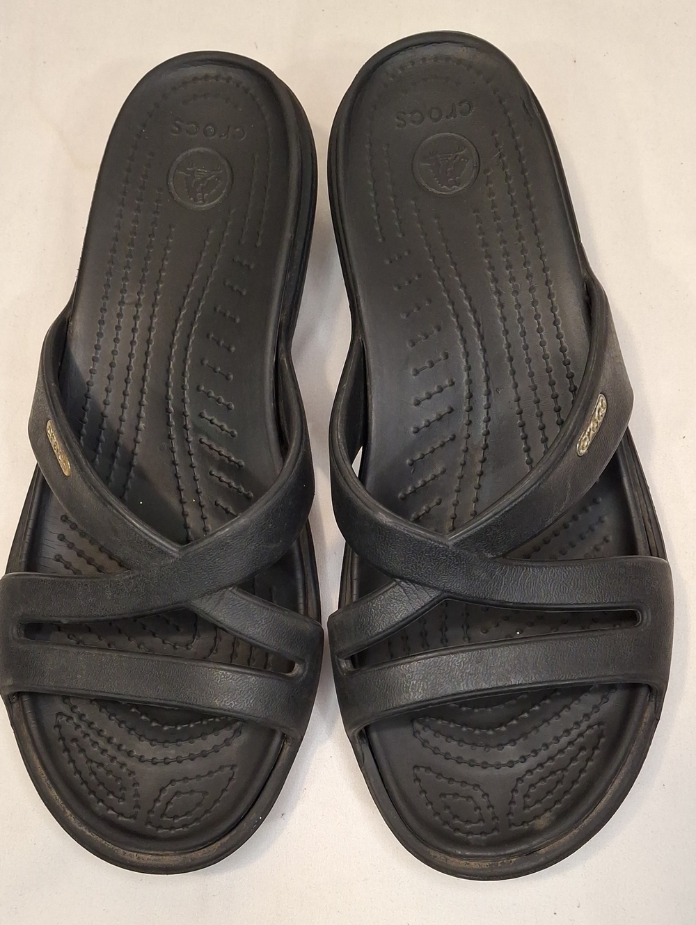 CROCS Women's Black Cross-Strap Slide Sandals. Lightly Worn.